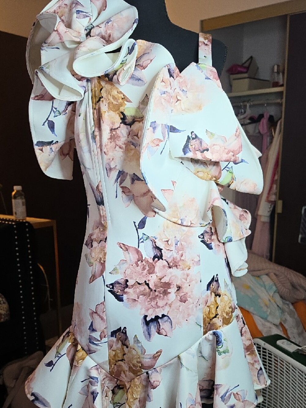 One-Shoulder Floral Ruffle Mini Dress - Blush Pink - Picture 12 of 13